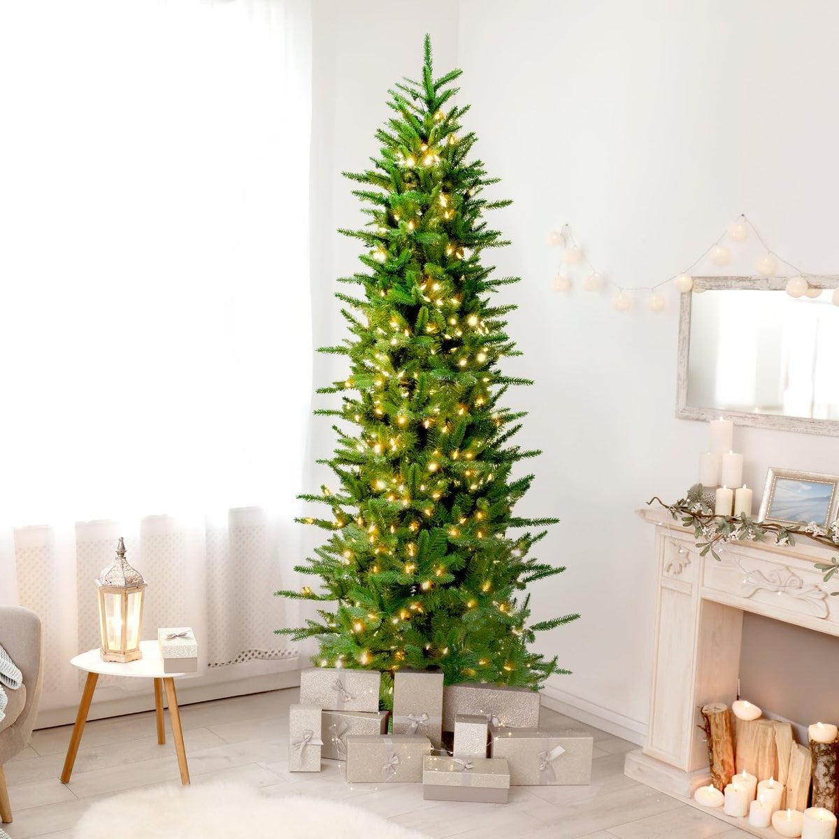 9 Ft. Carmel Pine Slim Artificial Christmas Tree with Warm White LED Lights and Stand