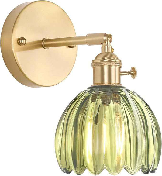 Vintage Wall Sconces with Green Tulip Glass Lampshade 180 Degree Adjustable Brass Sconces Hradwired Modern Wall Lighting Fixture with Switch for Bedside Bedroom Doorway