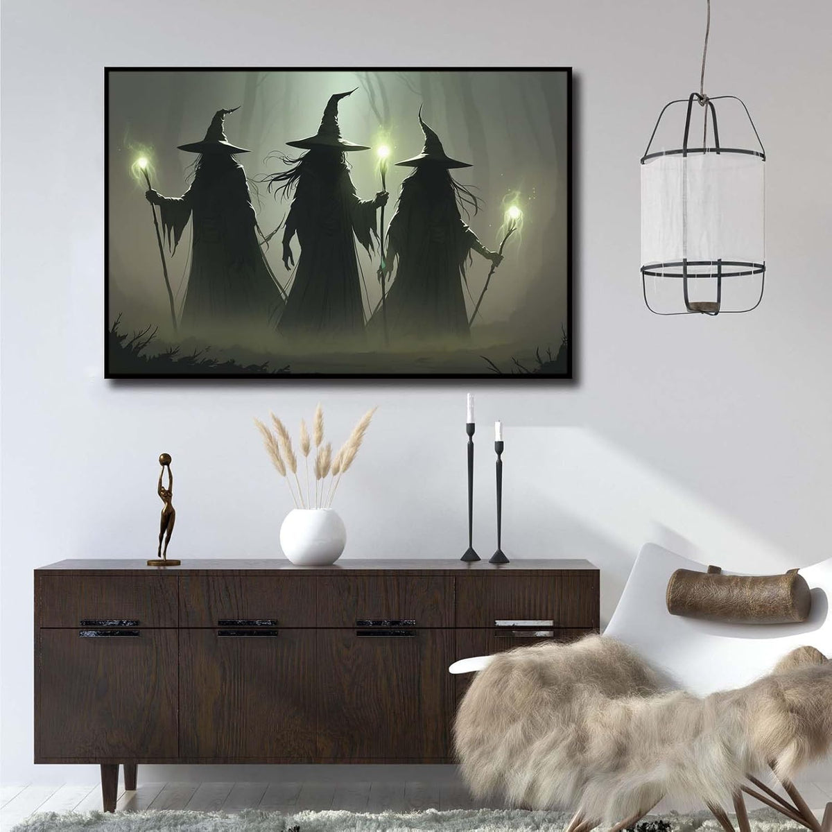 JFHCQJPK Vintage 3 witches canvas wall decor melancholy dark Halloween poster wall decor holding a staff print Gothic horror Halloween painting print for living room bedroom8x12in Metal blackFramed