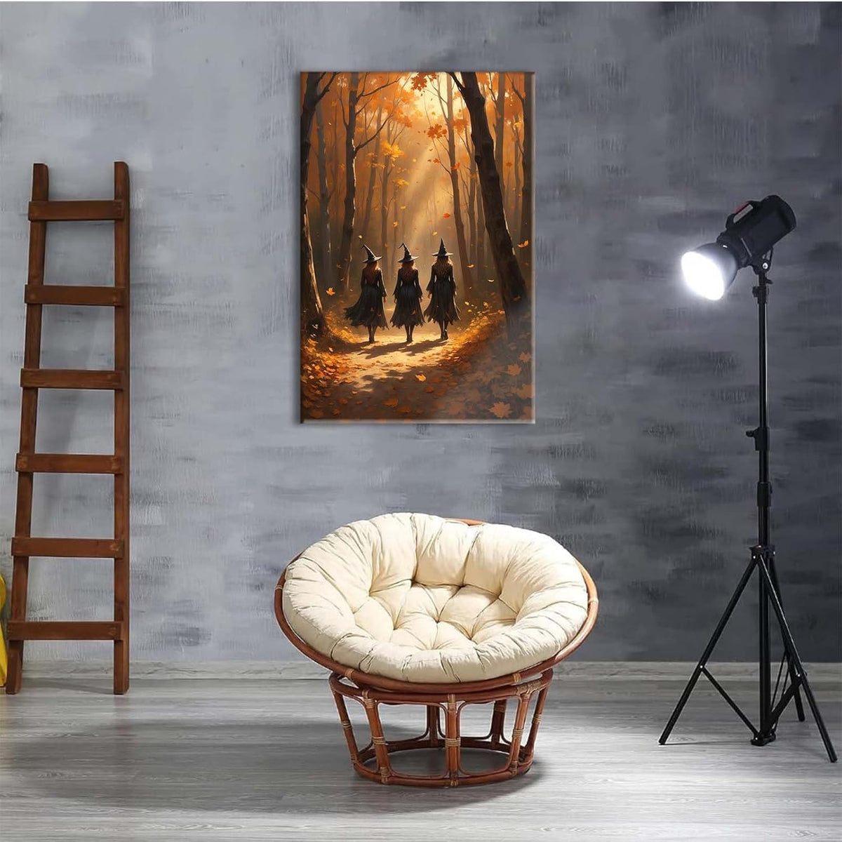 Three witches walking in the forest in autumn canvas painting gothic poster halloween print country witch wall art for home decoration20x30in Wood Framed