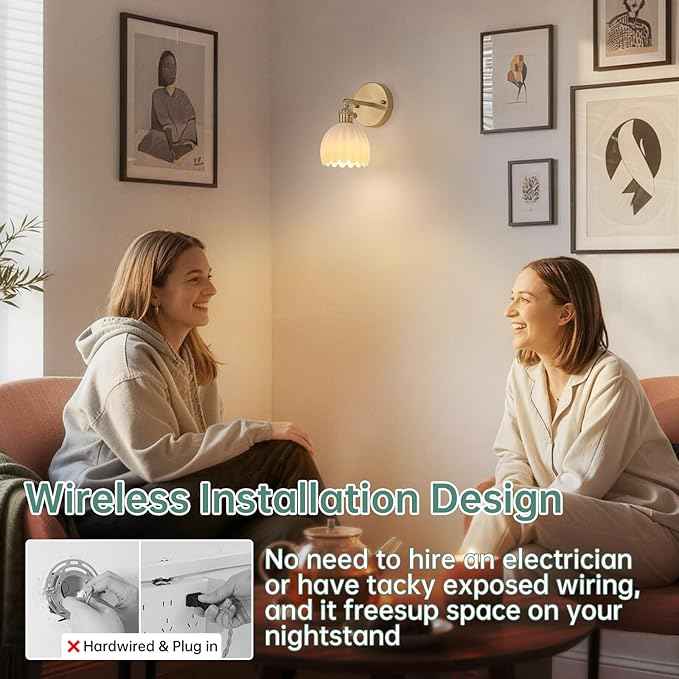 Vintage Battery Operated Wall Sconce with White Tulip Glass Lampshade Rechargeable Battery Powered Wall Light with Remote Control for Bedside Bedroom Doorway