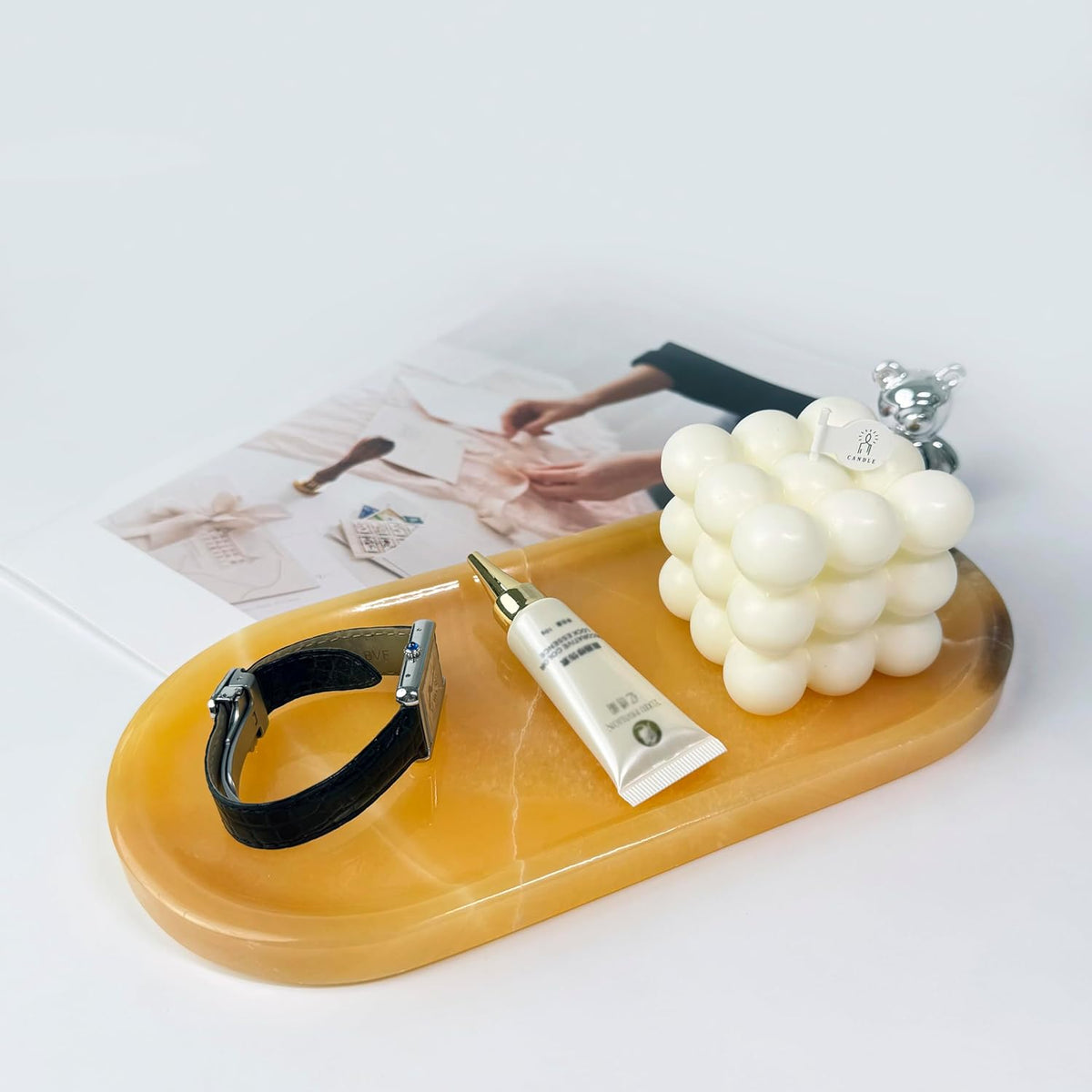 JINGJU Orange Jade Marble Oval Tray 10x5inches, Natural Stone Decorative Tray for Jewelry, Candle, Bathroom Counter, Coffee Table - HavenBliss Decor