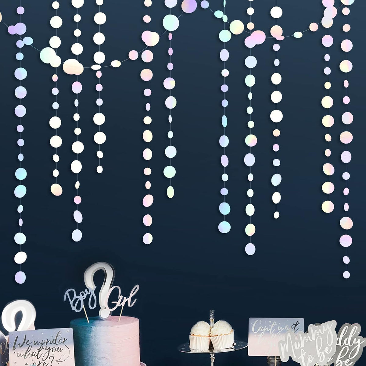 46 Ft White Iridescent Circle Dots Garland Hanging Holographic Polka Dots Streamer for Birthday Bachelorette Engagement Wedding Bridal Shower Galaxy Pastel Winter Christmas Party Decorations Supplies - HavenBliss Decor