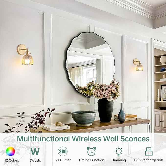 Vintage Battery Operated Wall Sconce with Amber Tulip Glass Lampshade Rechargeable Battery Powered Wall Light with Remote Control for Bedside Bedroom Doorway