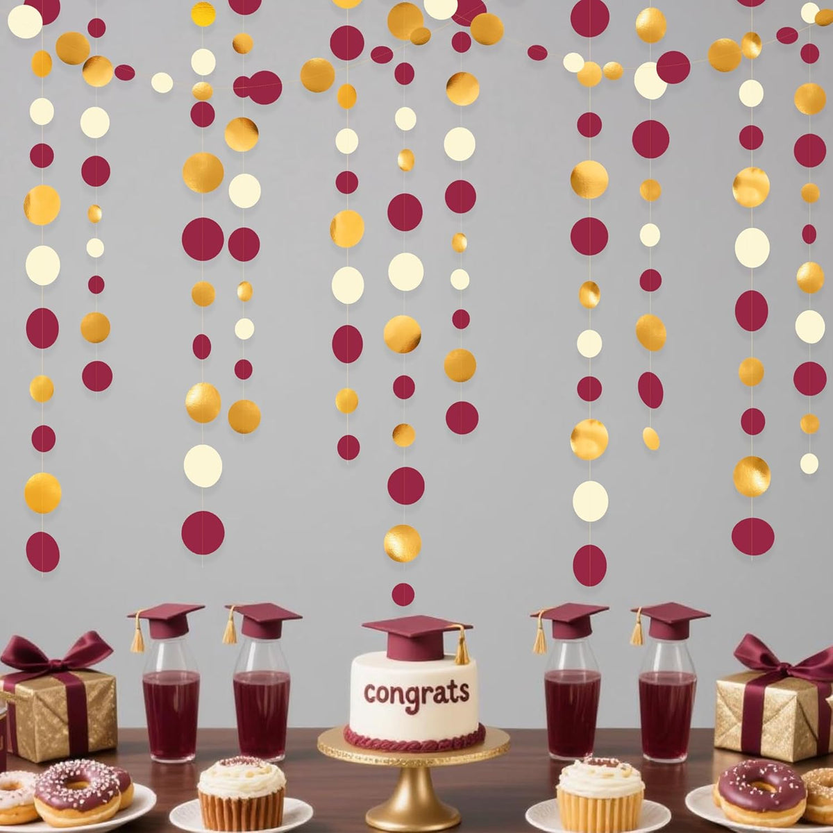 46 Ft Maroon Gold Party Decorations Burgundy Gold Beige Polka Dot Garland Hanging Paper Circle Dots Streamer for Maroon Garnet Graduation Birthday Anniversary Wedding Bridal Shower Party Supplies - HavenBliss Decor