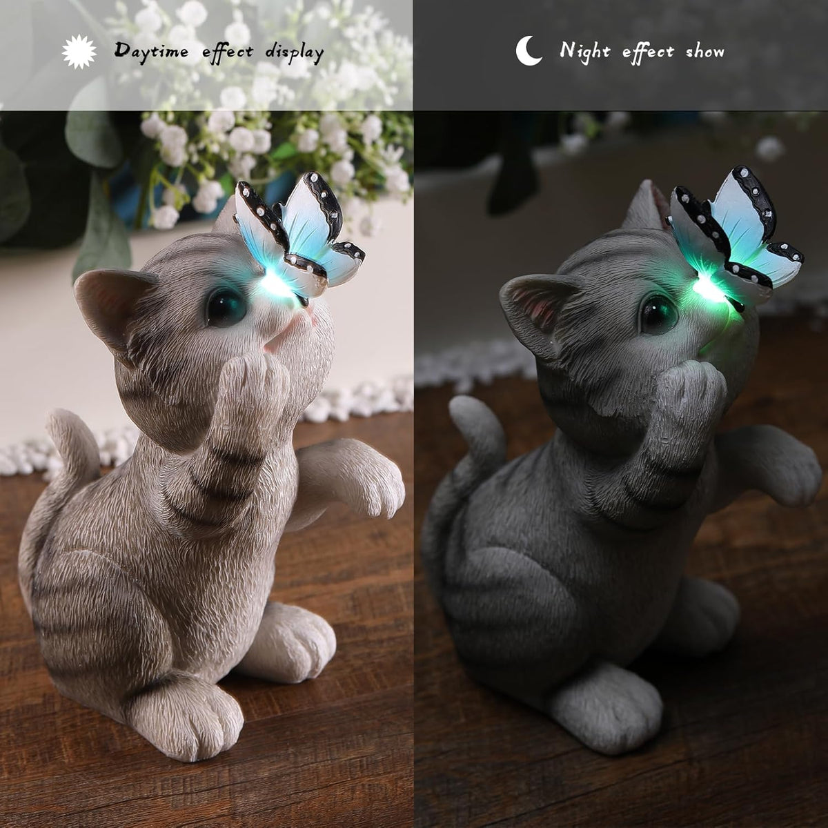 Cat Garden Statue Outdoor Solar Decorations Butterfly Light Figurine Color Changing LED Lights Resin Sculpture Art Decor Patio Lawn Yard Housewarming Gifts for Women Grandma Mom