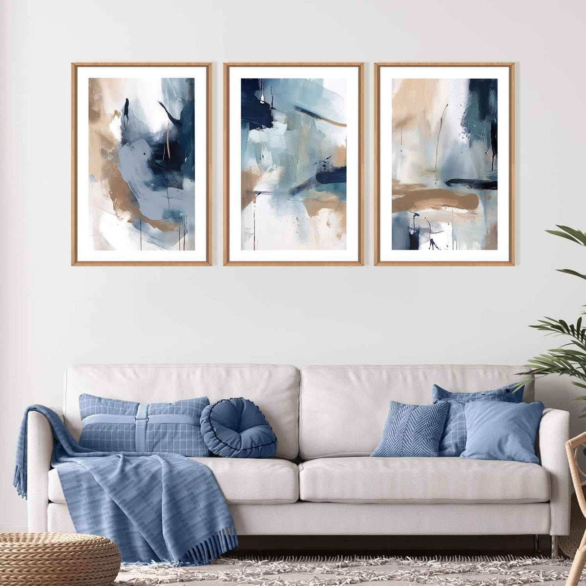 Large Abstract Navy Blue Framed Canvas Wall Art (3 Count)
