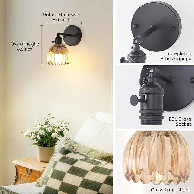 Vintage Battery Operated Wall Sconce with Amber Tulip Glass Lampshade Rechargeable Battery Powered Black Wall Light with Remote Control for Bedside Bedroom Doorway
