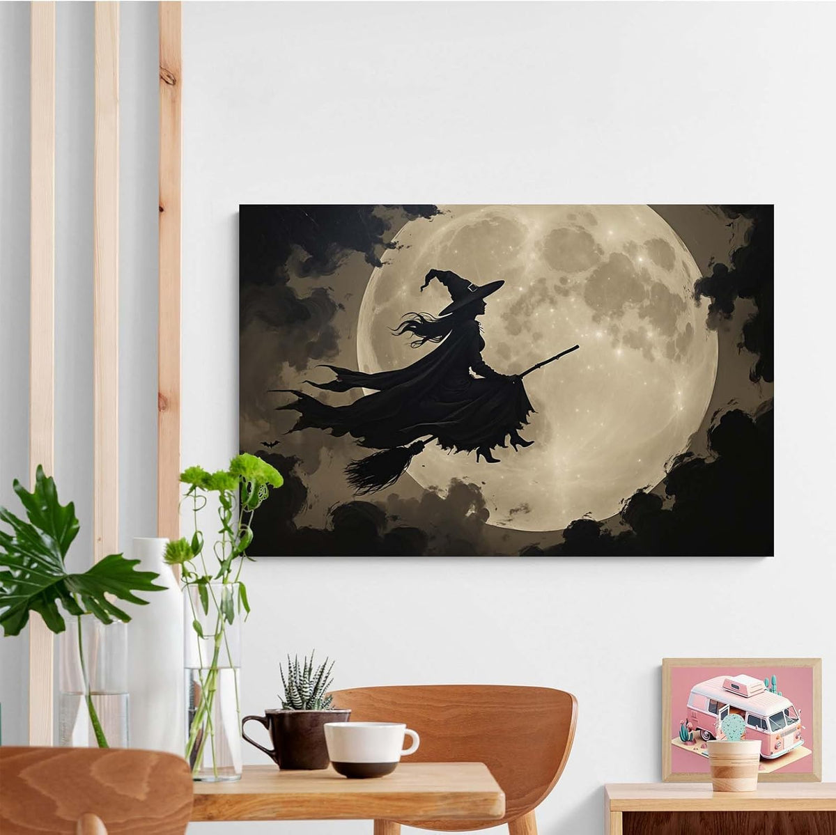 JFHCQJPK Full moon witch silhouette poster witch on magic broom Halloween mural poster decorative mural art suitable for home living room bedroom24x36in Frameless