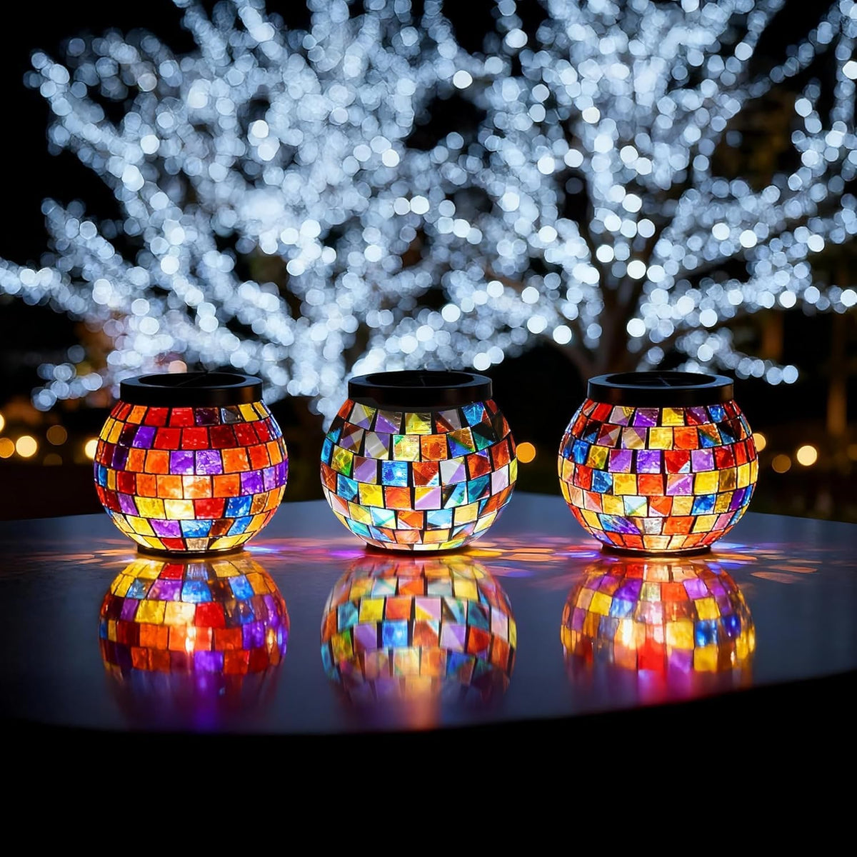 4 Pack Valentines Day Gifts for Him Her Landscape Lighting Path Lights Heavy Solar Mosaic Lantern with RGB Color (4 Count)