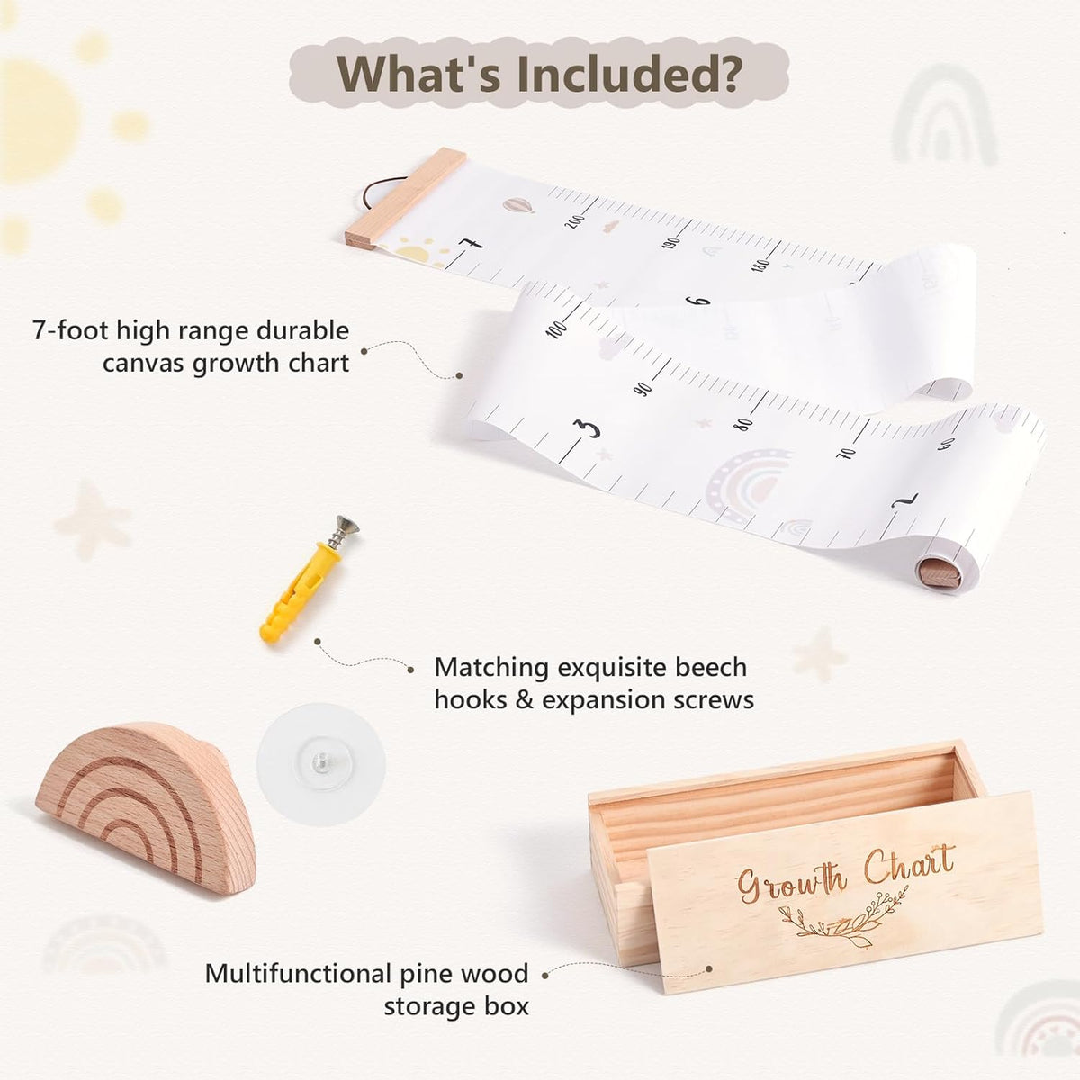 Growth Chart for Wall 7 Ft Height Chart with Keepsake Box & Hook Waterproof Canvas Measure Wall Ruler Removable Neutral Nursery Wall Decor for Baby Kids Toddlers - HavenBliss Decor