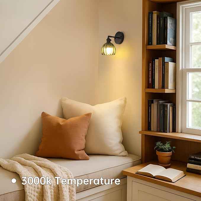 Vintage Battery Operated Wall Sconce with Green Tulip Glass Lampshade Rechargeable Battery Powered Black Wall Light with Remote Control for Bedside Bedroom Doorway