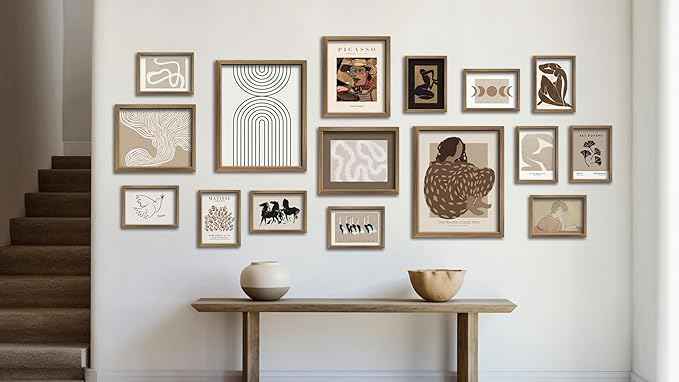 ANERZA 16 PCS Framed Boho Eclectic Wall Art Decor, Abstract Wall Collage Kit Prints for Bedroom Bathroom, Gallery Wall Frame Set, Minimalist Posters for Living Room Aesthetic, Beige and Brown Dorm Artwork