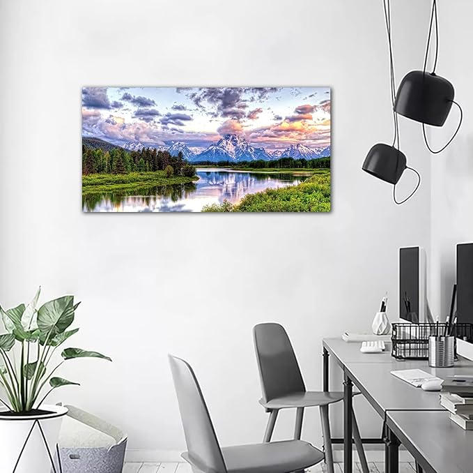 Landscape Canvas Wall Art Nature Picture Oxbow Bend Grand Teton National Park Modern Canvas Artwork River and Forest Contemporary Wall Art Large Size for Home Office Decoration 24" x 48"