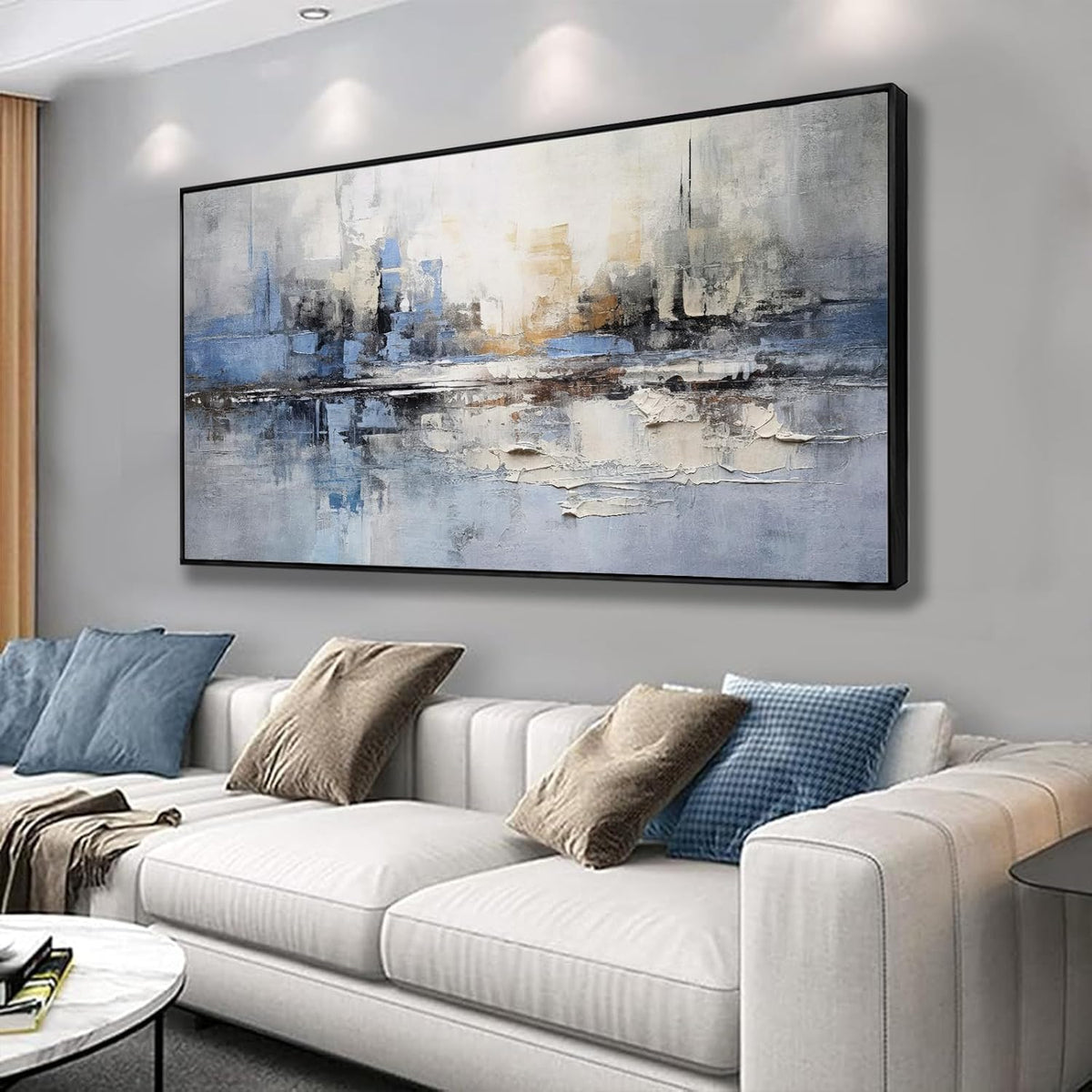 Abstract wall Art Framed Artwork Blue and Gray White Decor Modern Canvas Wall Prints Abstract Wall Decor Suitable for Bedroom apartment Office Dining Room Wall Decor Can Be Hung 24"x48"