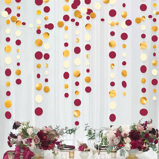 46 Ft Maroon Gold Party Decorations Burgundy Gold Beige Polka Dot Garland Hanging Paper Circle Dots Streamer for Maroon Garnet Graduation Birthday Anniversary Wedding Bridal Shower Party Supplies - HavenBliss Decor
