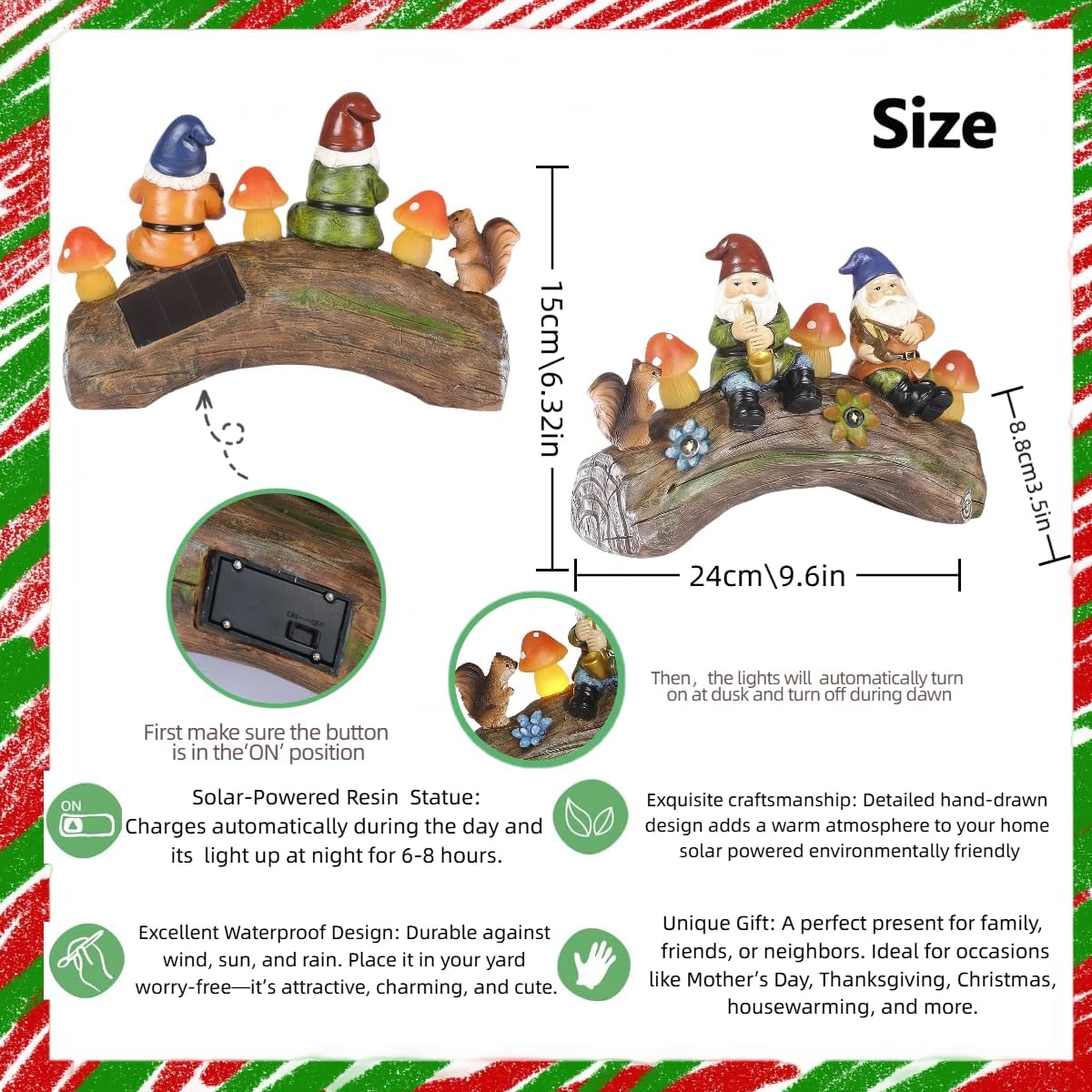 Funny Garden Gnome Statue Solar Powered Mushroom Figurine with Squirrel Gnome Durable Resin Outdoor Decoration for Patio Yard Lawn Ornament Housewarming Gift