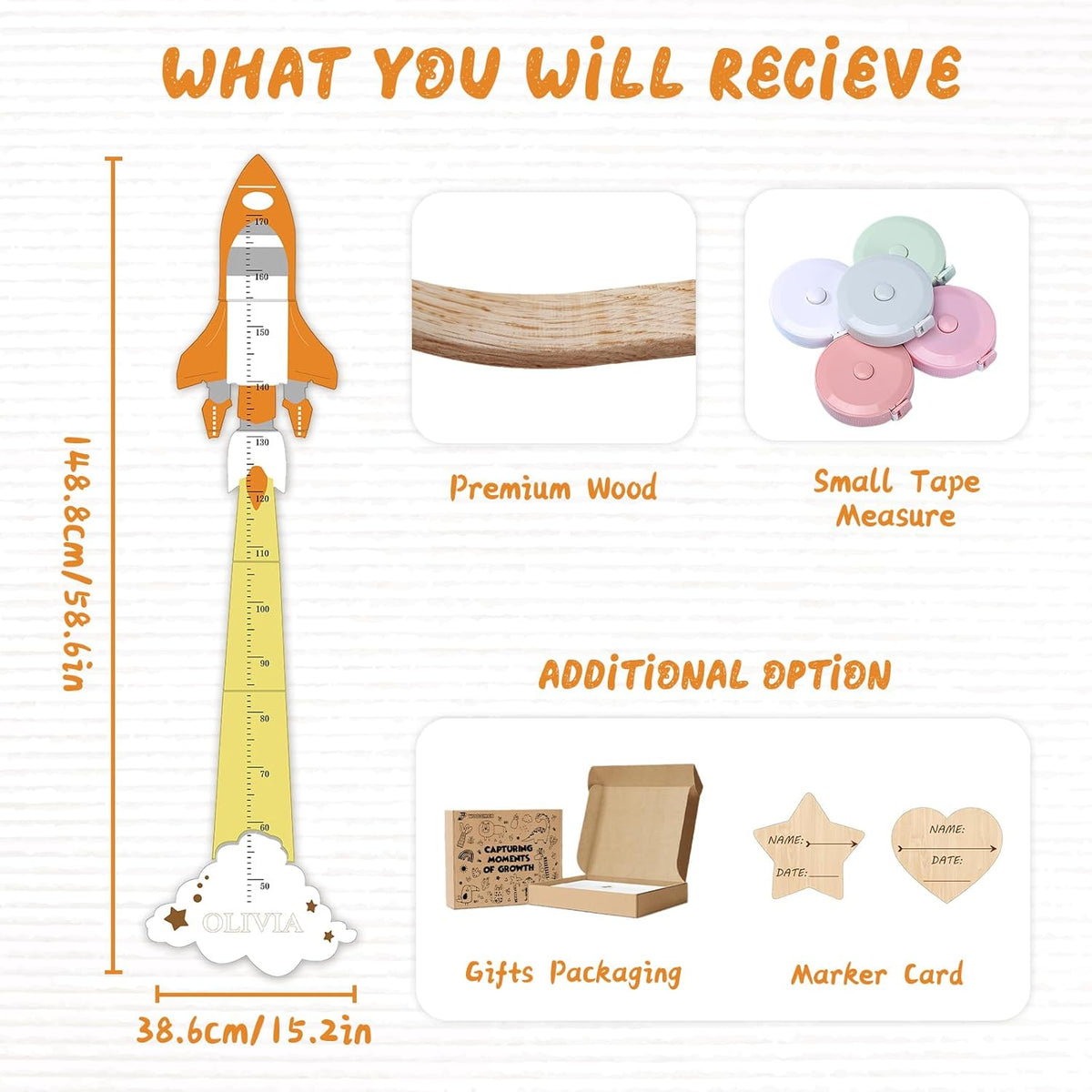 Personalized Name Height Chart for Kids, Cute Rocket Wooden Growth Chart for Kids, Wall Height Chart for Children, Cute Wall Ruler for Kids, Track Height Measurement, Easy to Install - HavenBliss Decor