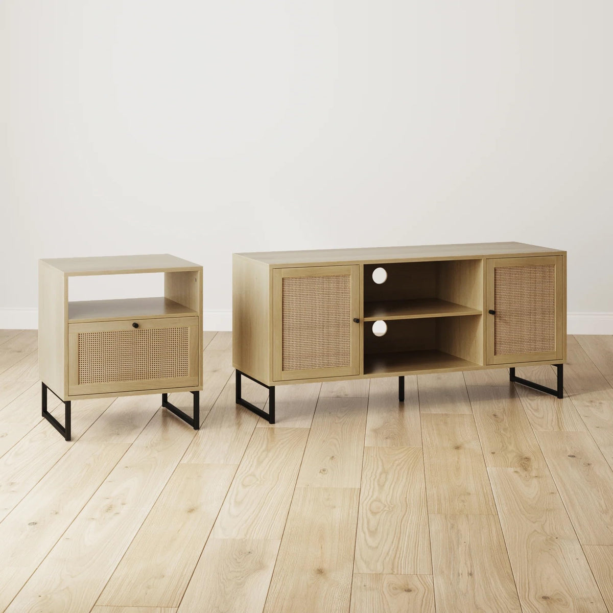 Mina Rattan Wood End Side Accent Table Nightstand with Storage for Living Room or Bedroom