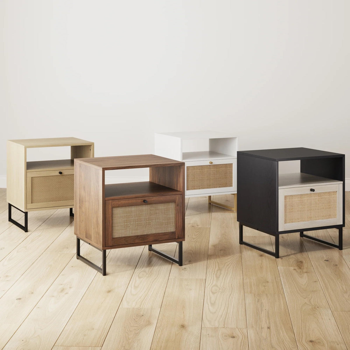 Mina Rattan Wood End Side Accent Table Nightstand with Storage for Living Room or Bedroom