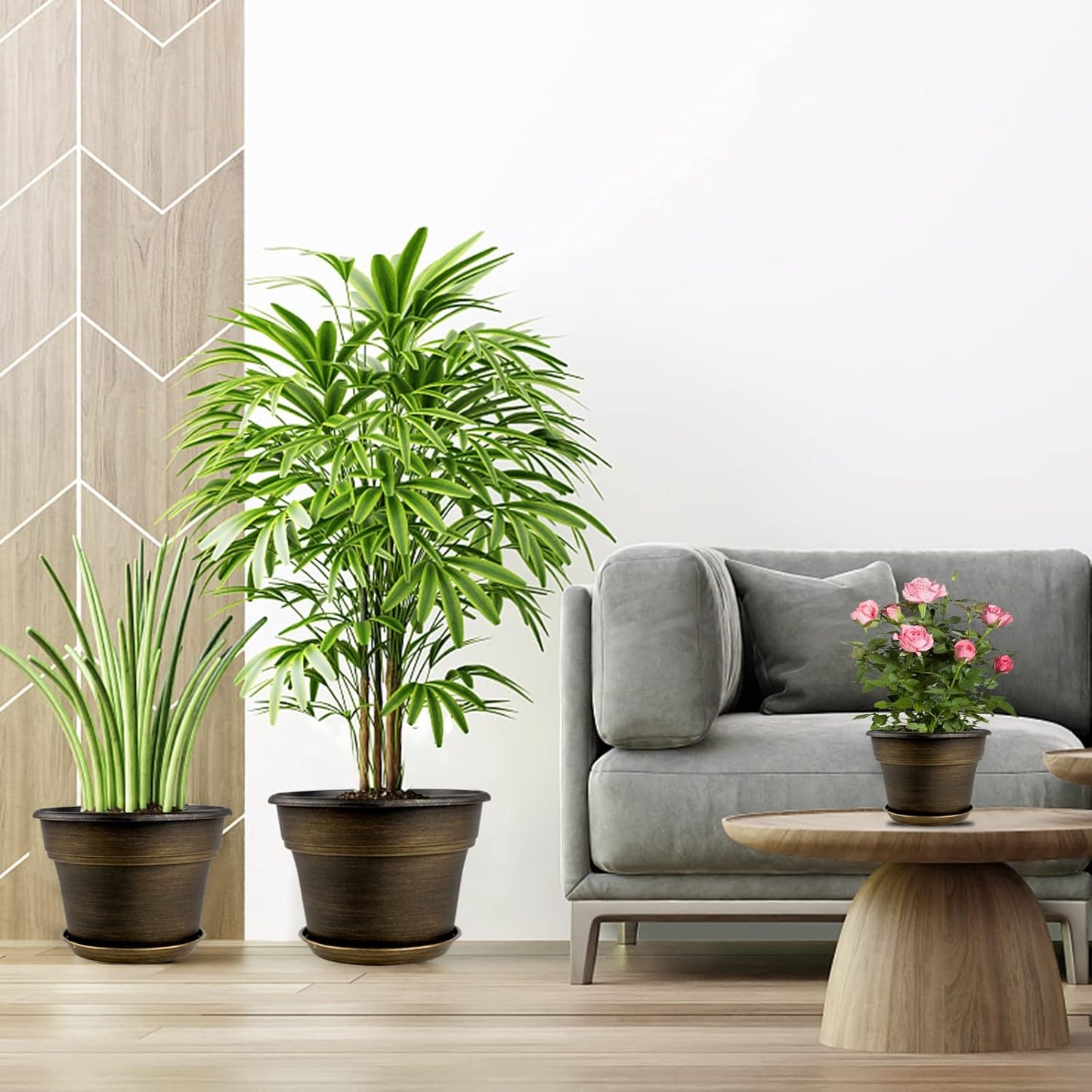 Plant Planters Pots Set of 4 Pack 11 Inch, Plastic Flower Pot for Indoor Plants with Drainage Holes & Trays, Resin Decorative Container Sets with Saucer for House Outdoor Garden Planters Dark Gold - HavenBliss Decor