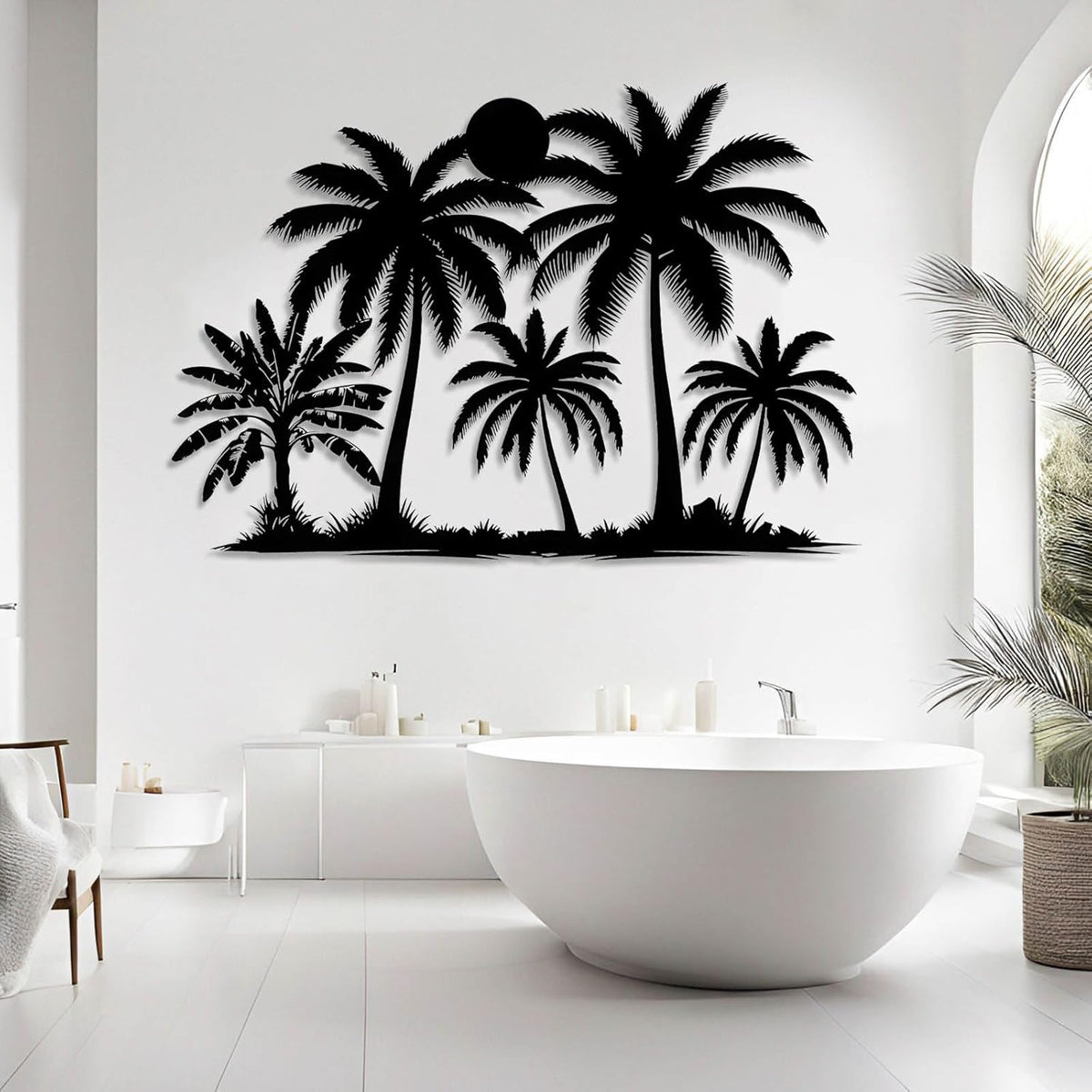 Tuglona Metal Palm Tree with Sunset Wall Decor, Tropical Palm Tree Metal Wall Art, Tropical Wall Decor, Sun Wall Art, Beach Wall Decoration, Coastal Trees Wall Hanging (White, 53"x37"/135x93cm) - HavenBliss Decor