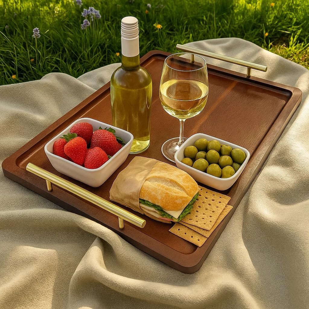 Acacia Wood Serving Tray – 17" x 13" Ottoman Tray with Metal Handles for Coffee Table, Breakfast, Snacks, Tea, Food – Decorative Wooden Tray for Kitchen, Living Room & Bedroom - HavenBliss Decor