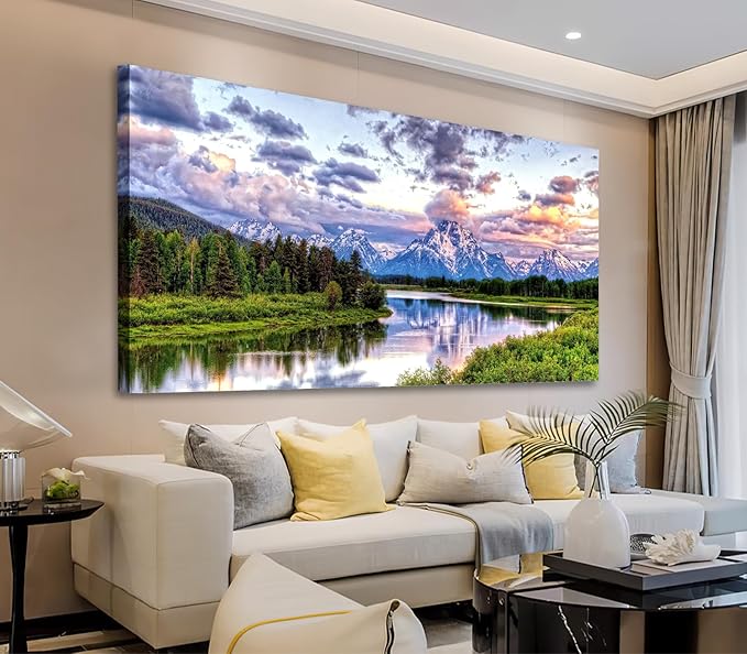 Landscape Canvas Wall Art Nature Picture Oxbow Bend Grand Teton National Park Modern Canvas Artwork River and Forest Contemporary Wall Art Large Size for Home Office Decoration 24" x 48"