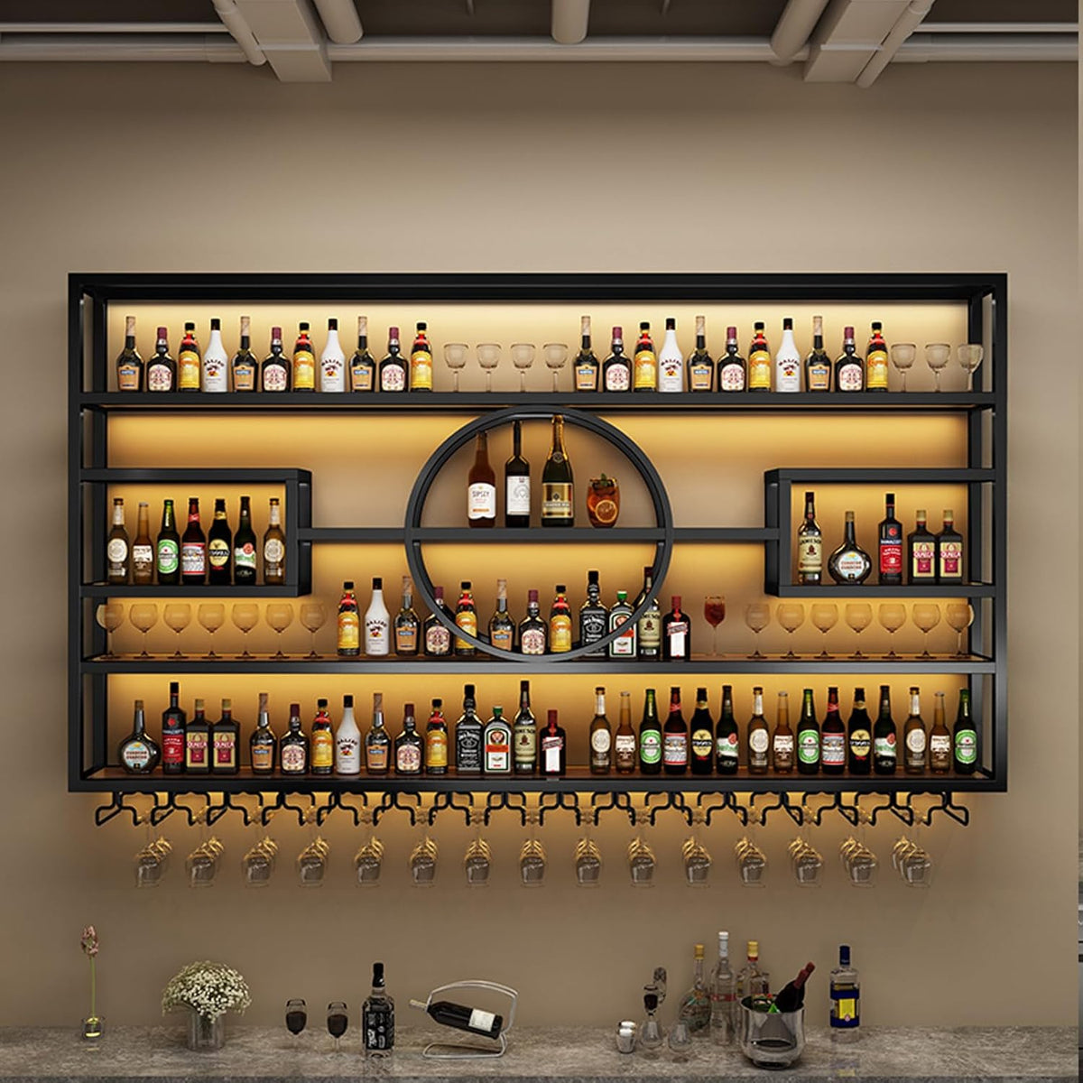 47.2in Wall Mounted Wine Rack, Modern Metal Wine Bottle and Glass Holder, Iron Display Stand Decorative Wine Rack, for Bar Living Room Dining Room Background (Black, 47.2 * 8 * 51INCHES)
