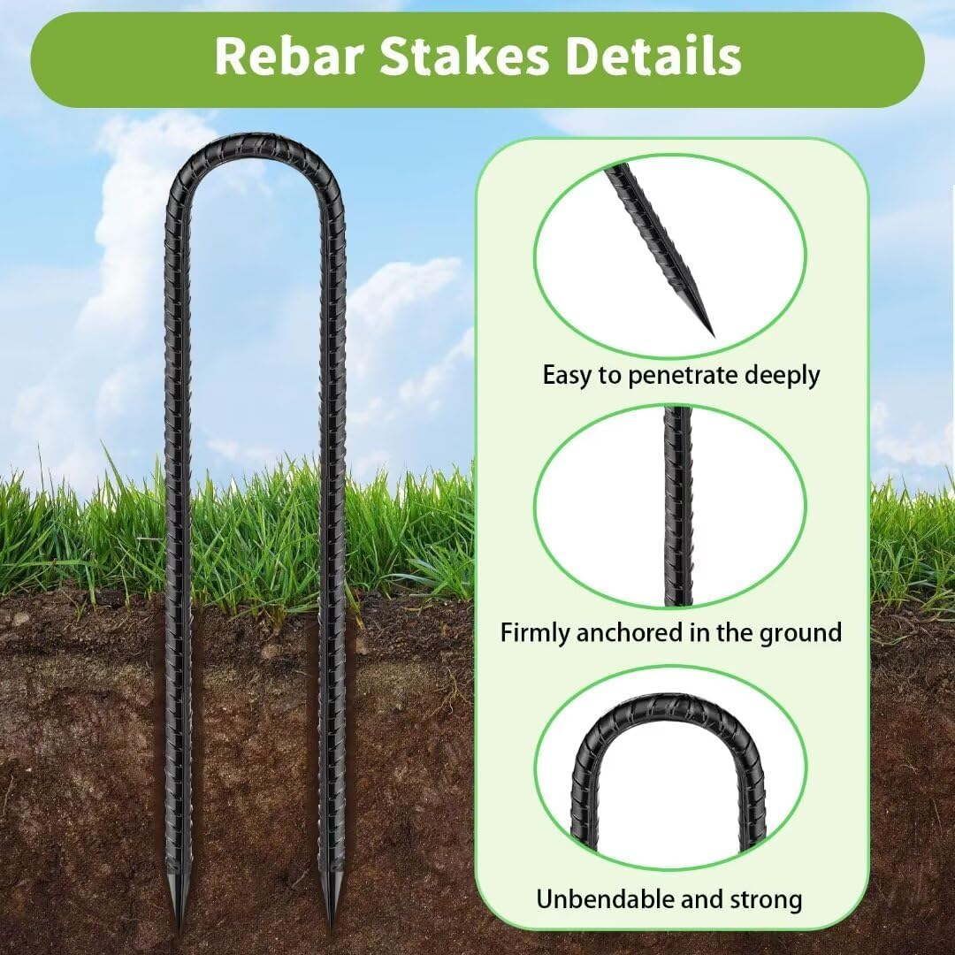 Rebar-Stakes-12-Inch, Ground Stakes Heavy Duty U-Hook Black Coated Anti-Rust Heavy Duty Ground Anchors for Garden Dog Fence Chicken Coop Christmas Decorations Deer Fence 12pcs - HavenBliss Decor