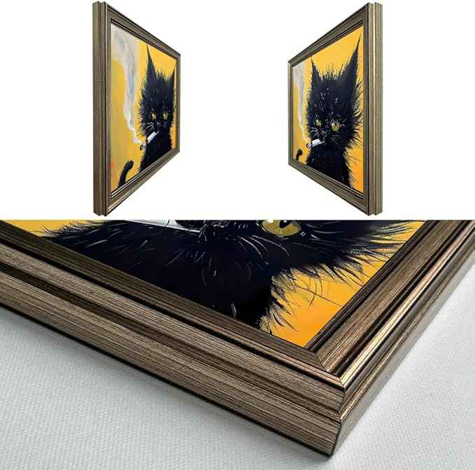 Vintage Framed Wall Decor Black Cat Painting Cat Portrait Wall Art Canvas Print Poster for Mens Room Bathroom Decor
