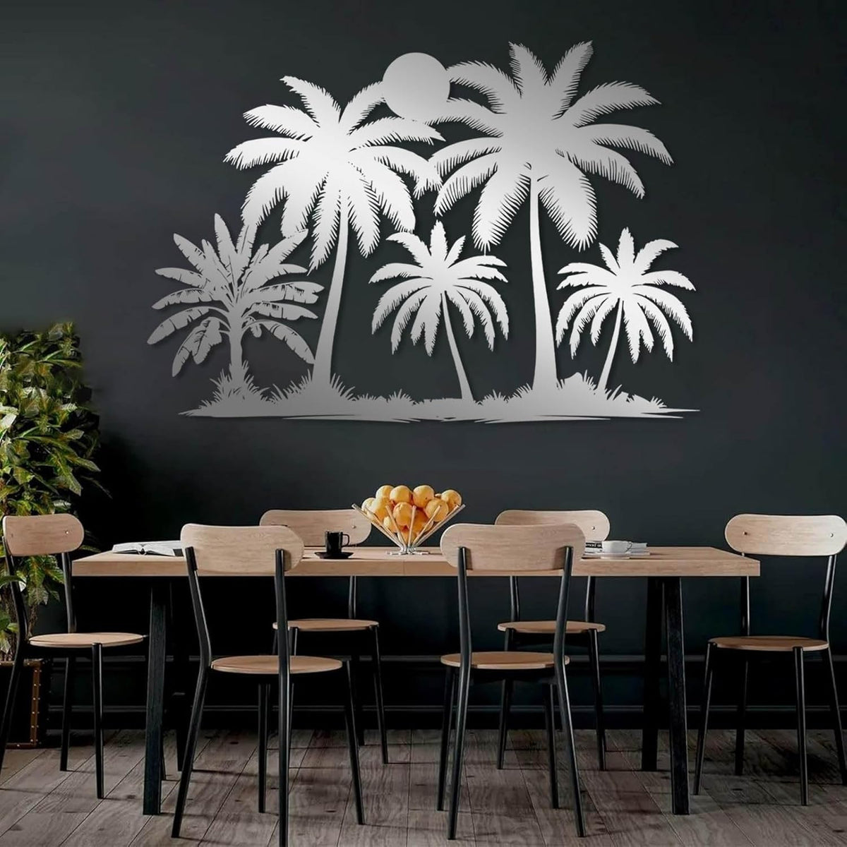 Tuglona Metal Palm Tree with Sunset Wall Decor, Tropical Palm Tree Metal Wall Art, Tropical Wall Decor, Sun Wall Art, Beach Wall Decoration, Coastal Trees Wall Hanging (Black, 53"x37"/135x93cm) - HavenBliss Decor