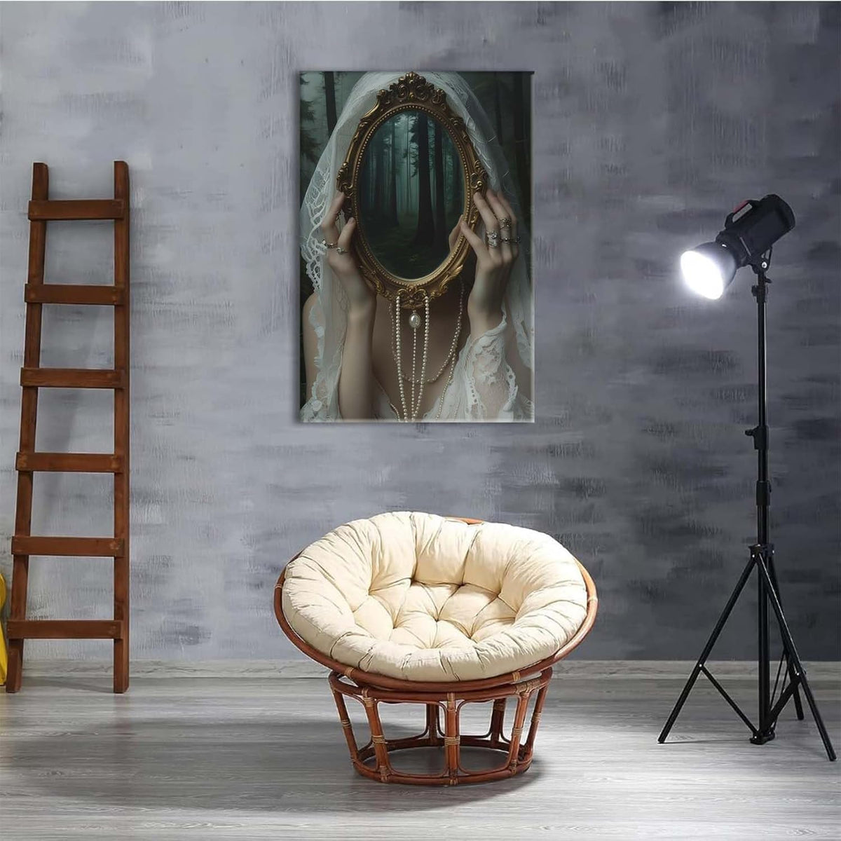 Mirror face covering dark art poster print melancholy gothic painting vintage feminine print victorian style decoration antique art20x30in Wood Framed
