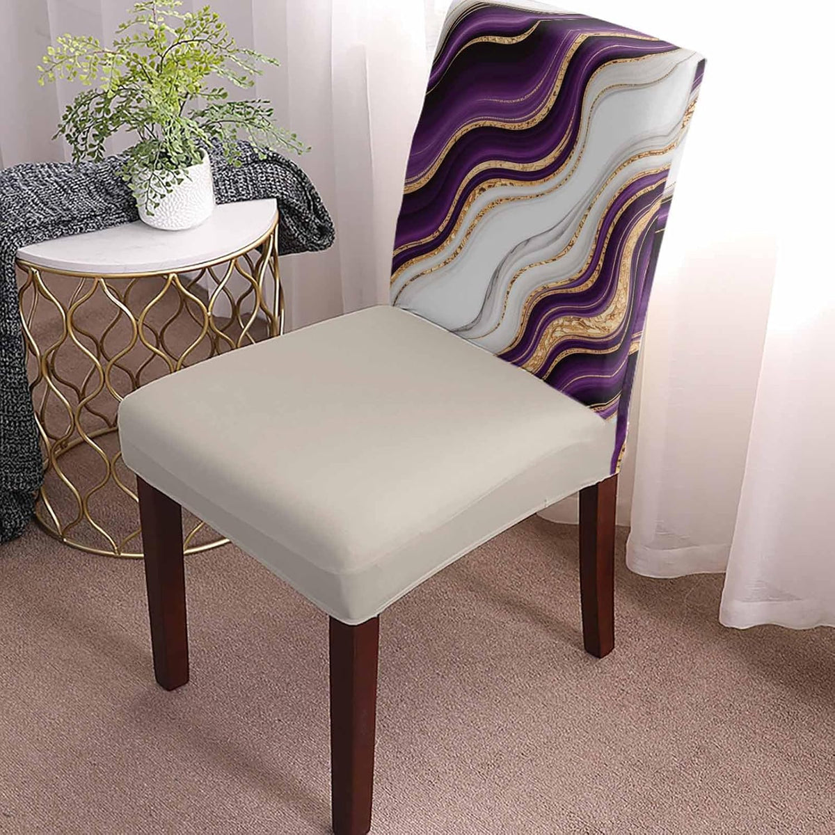4 Pcs Dining Chair Covers Stretch Spandex Slipcovers Purple Marble Gold Inlay Removable Washable Dining Room Seat Cover Cushion Protector for Home Hotel Banquet Decor Abstract Geometric Stripes
