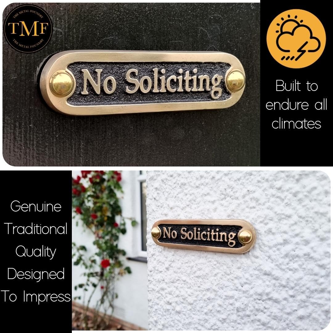 No Soliciting Brass Door Sign. Traditional Style Home Décor Wall Plaque Handmade By The Metal Foundry UK