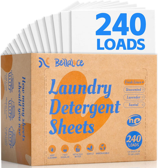 Laundry Detergent Sheets - 240 Loads, Hypoallergenic,Deep Cleaning, Fresh Linen Scent, Plastic-Free, Eco-Conscious,Paraben-Free,Fast Dissolve, Perfect for Home,Dorms,Travel,Camping,College Essentials - HavenBliss Decor