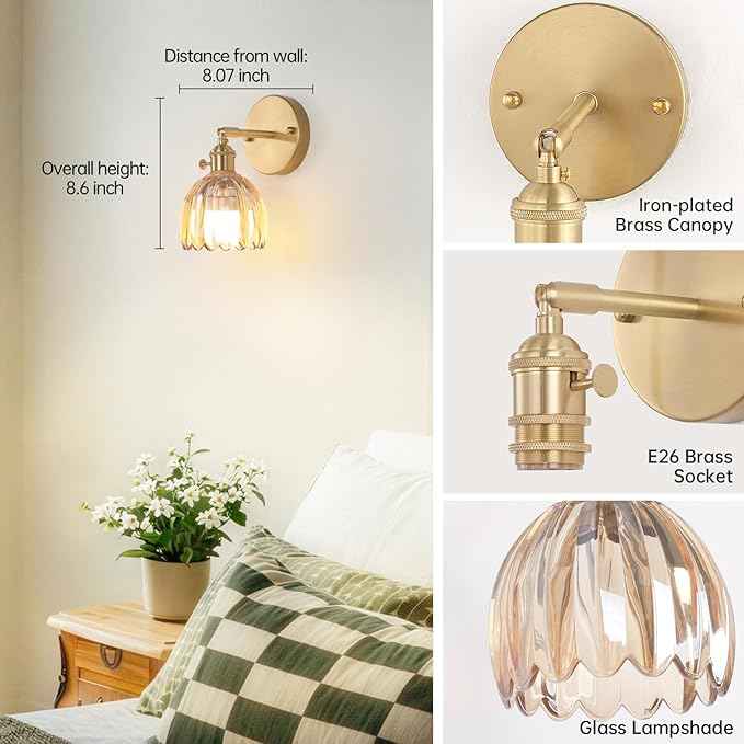 Vintage Battery Operated Wall Sconce with Amber Tulip Glass Lampshade Rechargeable Battery Powered Wall Light with Remote Control for Bedside Bedroom Doorway