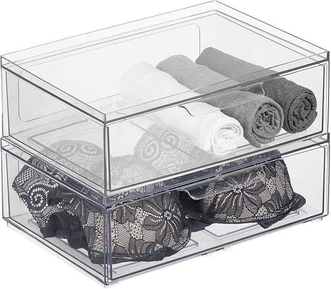 mDesign Plastic Wide Stackable Closet Storage Organizer Bin Containers with Front Pull Drawer for Cabinet, Desk, Shelf, Cupboard, or Dresser Organization, Lumiere Collection, 2 Pack - Clear