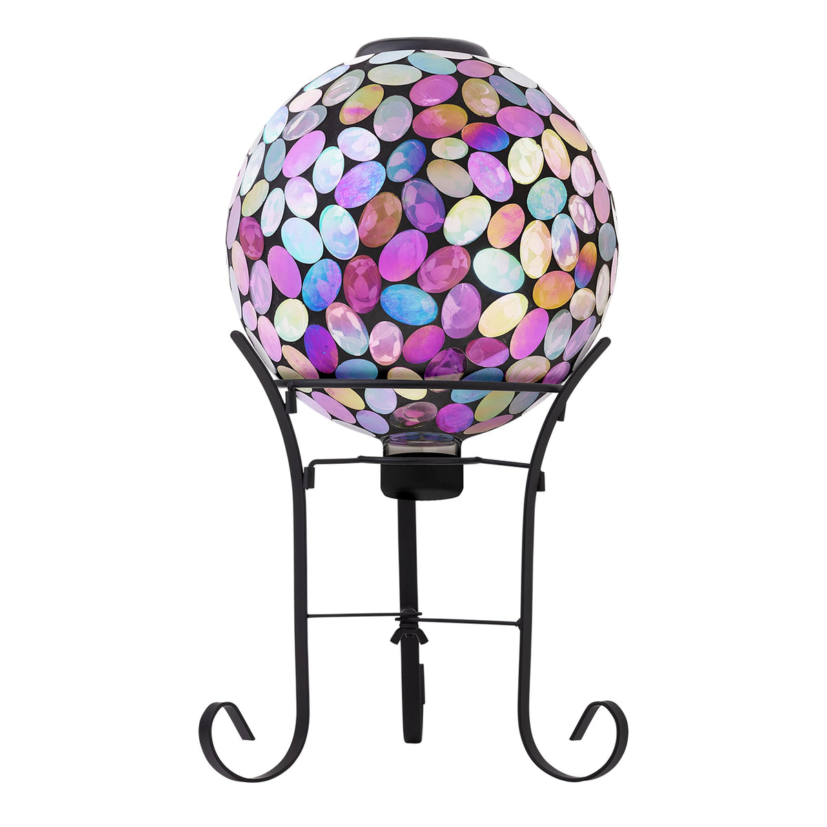 Outdoor Solar Powered Pink Glass Mosaic Gazing Globe with LED Lights and Metal Stand