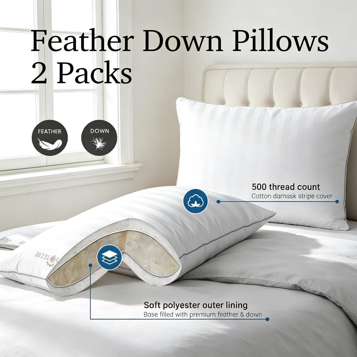 White Striped Feather & Down Pillows Queen Size Set of 2 (2 Count)
