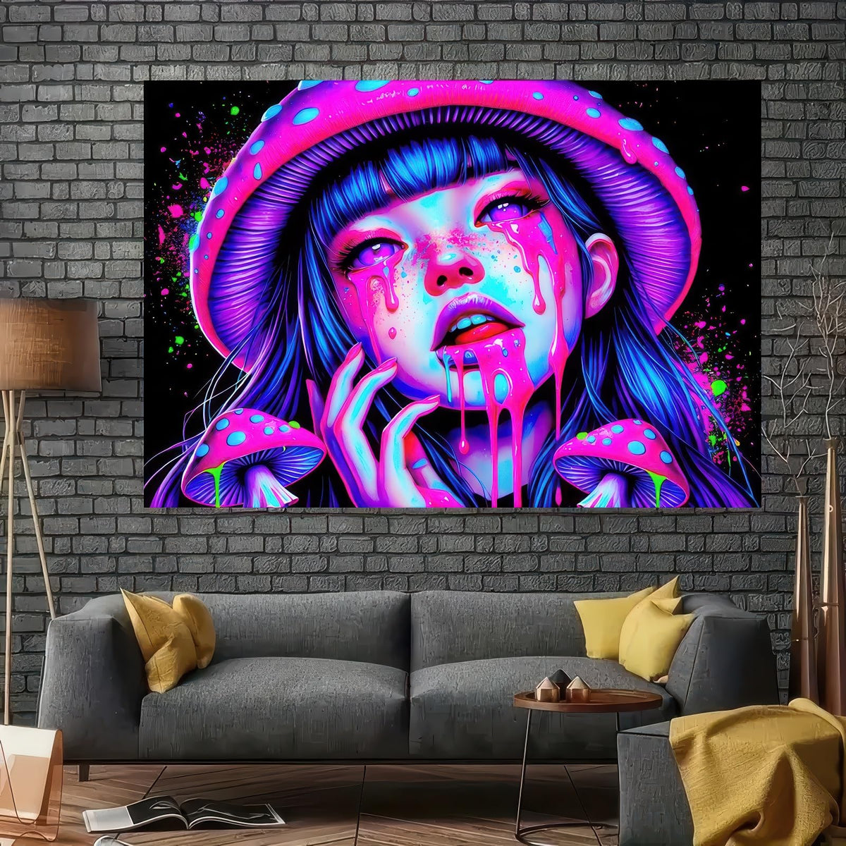 Blacklight Tapestry Girl 78x59 Inch Blacklight Mushroom Tapestry