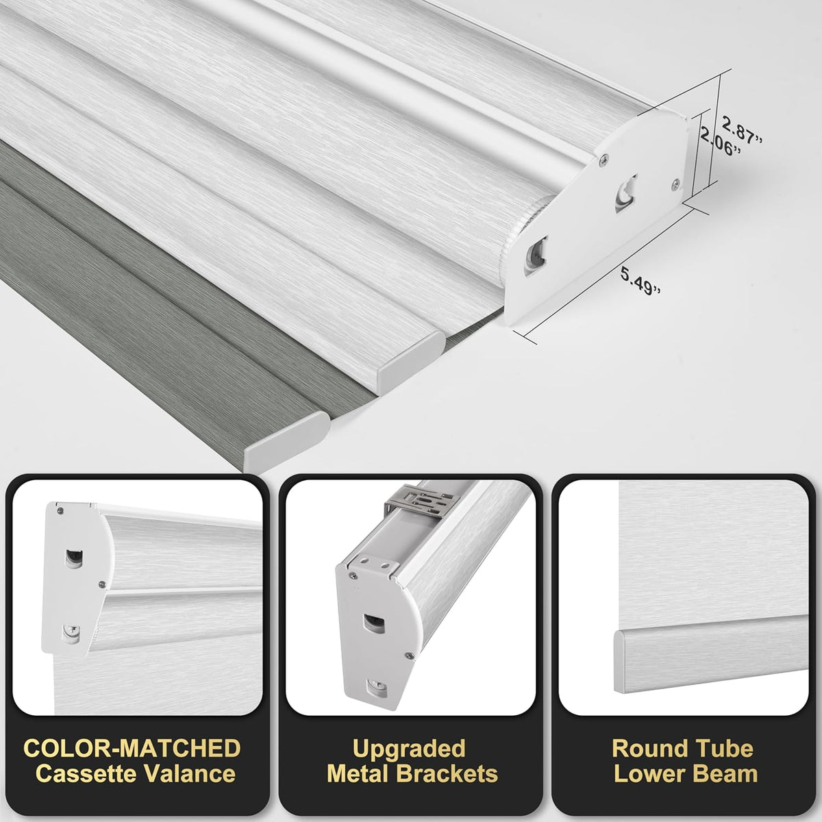 BERISSA Cordless Dual Roller Shades with Cassette Valance, Double Window Shades - Blackout and Light Filtering, Day and Night for Home Office Door. Grey and White. 35 W x 48" H