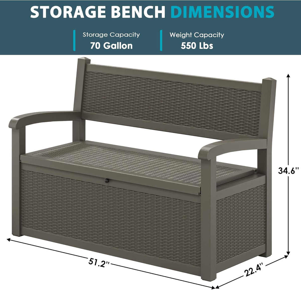 70 Gallon Storage Bench Deck Box for Patio Furniture with Armrest Bench Outdoor Storage - HavenBliss Decor