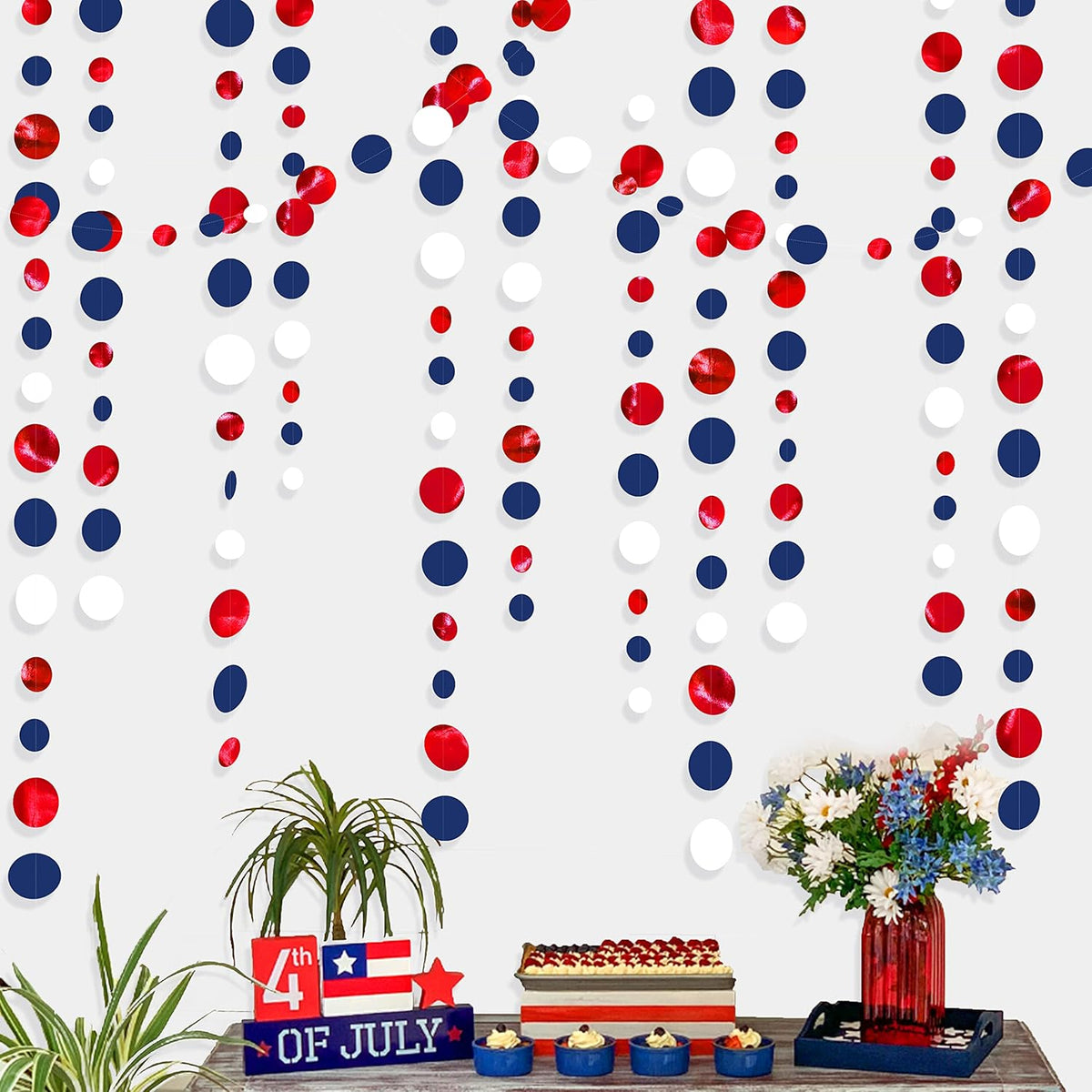 46 Ft Navy Blue Red White Circle Dots Garlands Royal Blue Red Hanging Paper Polka Dots Streamer for 4th of July American Independence Day USA National Day Patriotic Veterans Party Decorations Supplies - HavenBliss Decor