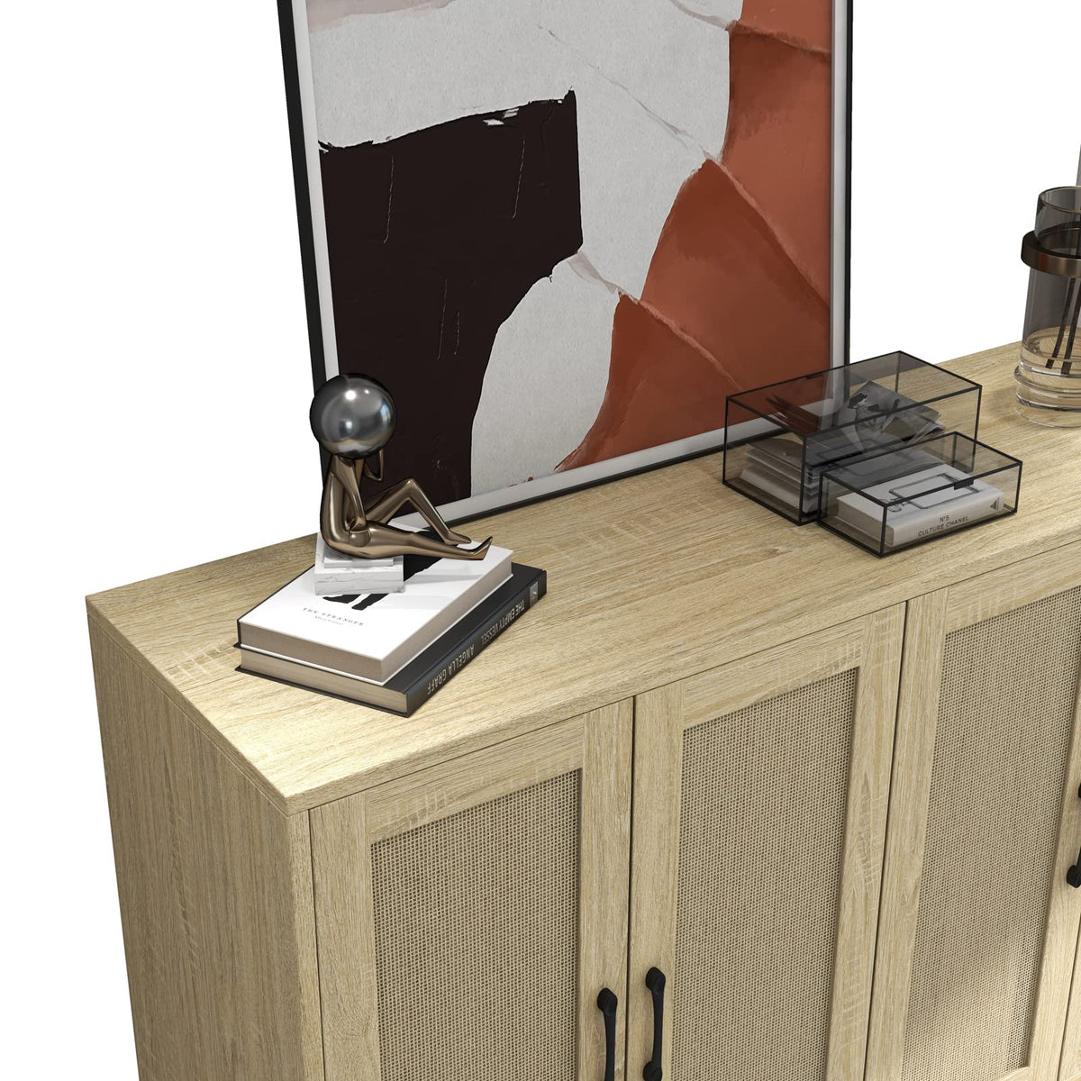 Buffet Storage Cabinet with Rattan Decorating 4 Doors Living Room Kitchen Sideboard 48.43 x 34.65 x 15 inch