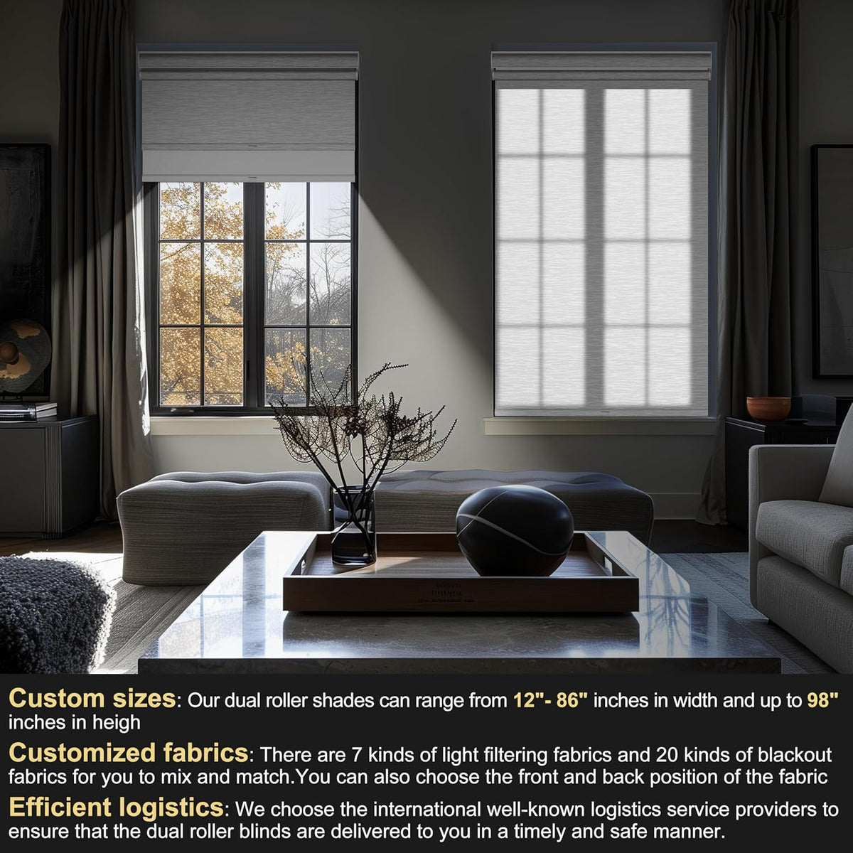 BERISSA Cordless Dual Roller Shades with Cassette Valance,Double Window Shades Blackout and Light Filtering Shades,Day and Night Roller Shades for Home Office Door.Striped Jacquard White.40 W x 64" H