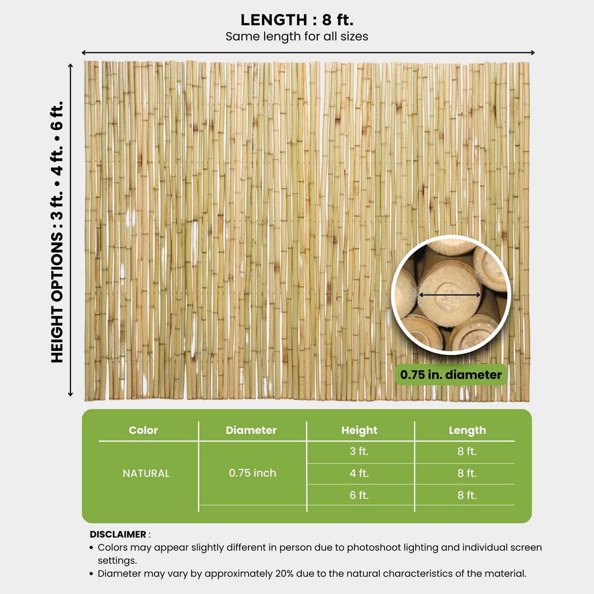 Natural Bamboo Fencing Decorative Rolled Fence Panel 0.75 in D x 3 ft H x 8 ft L (24 Sq Ft)