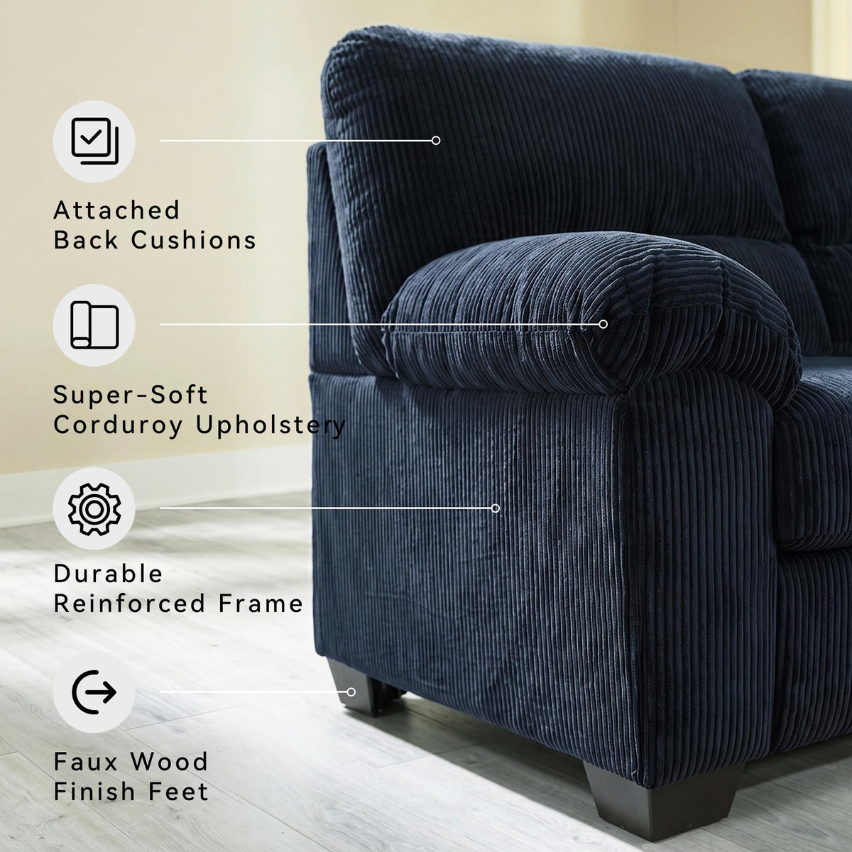 Sofa, 83-in Navy Corduroy, Anti-Sag Platform