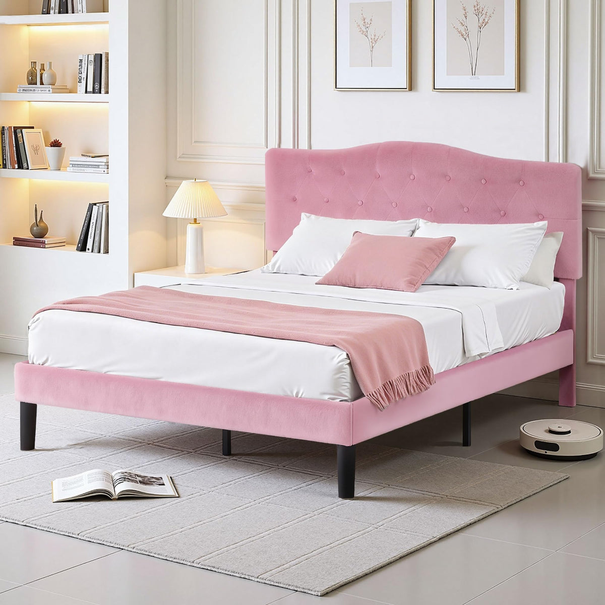 Queen Size Bed Frame with Upholstered Headboard