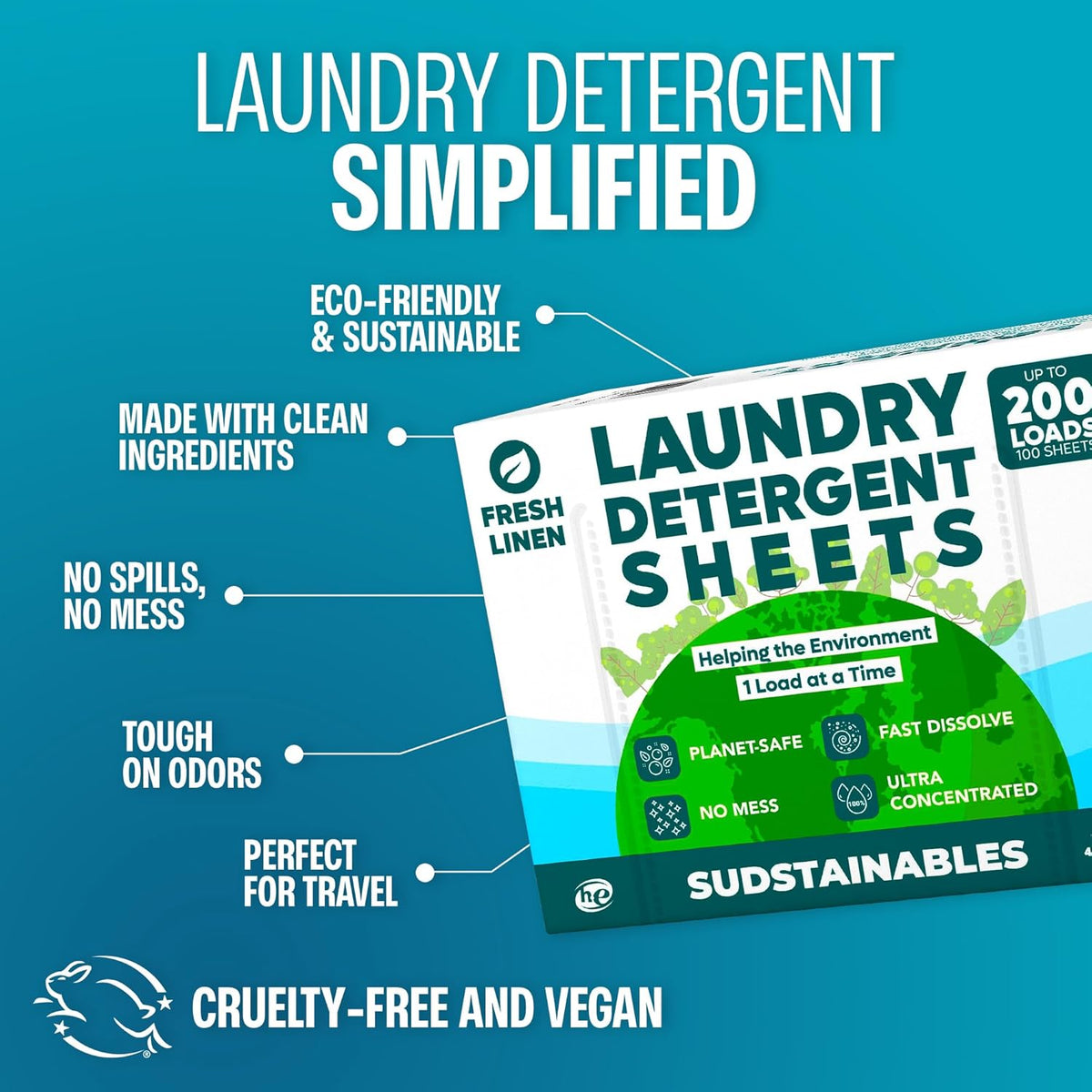 Sudstainables Laundry Detergent Sheets (200 Loads) – Eco-Friendly, Zero Waste, Plastic-Free Laundry Washing Machines Soap Sheets; Dissolvable, Space-Saving Strips for Travel (Fresh Linen) - HavenBliss Decor